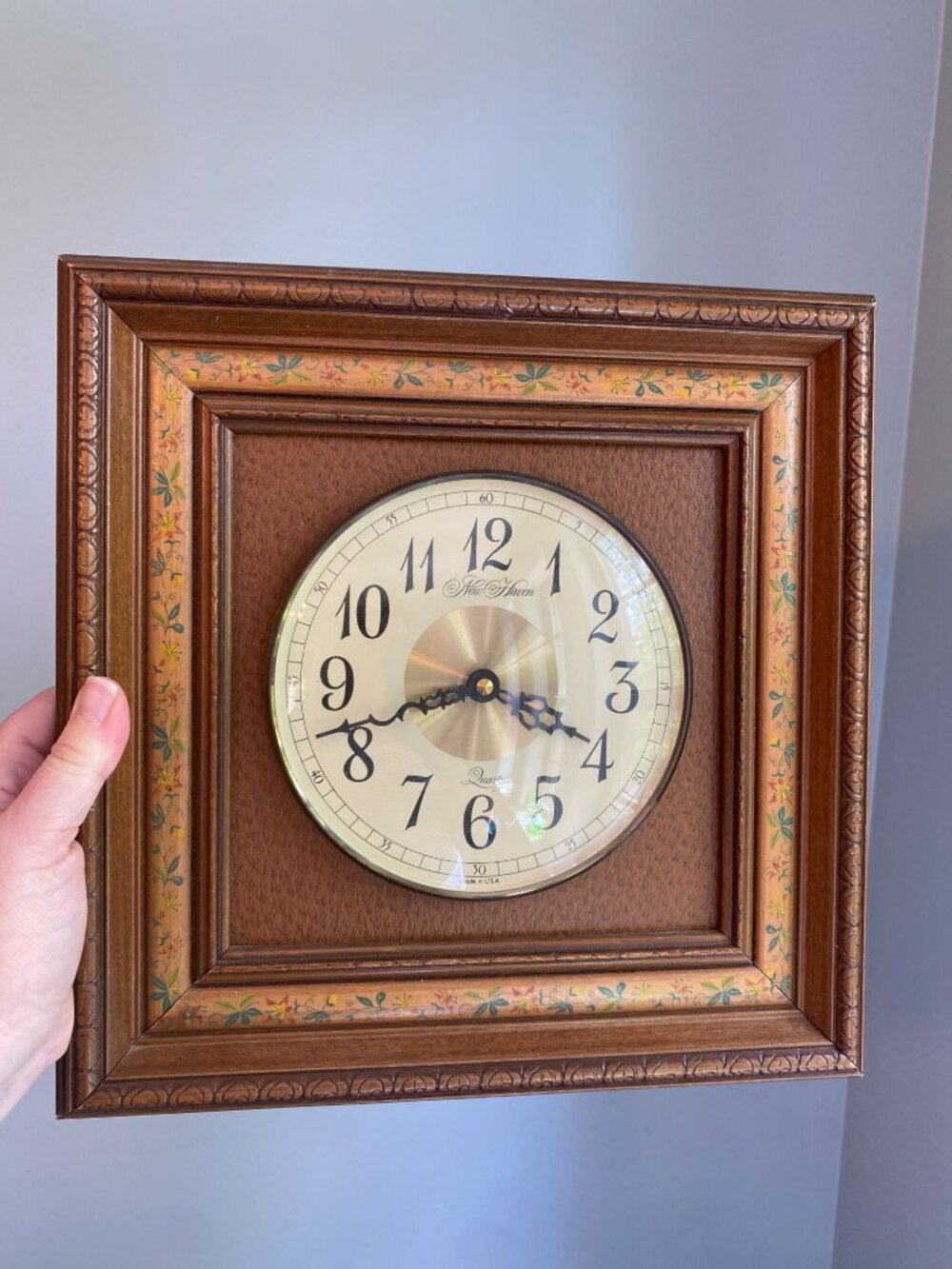 Vintage MCM New Haven Quartz Wall Clock Solid Wood & Bronze Floral Inlay Works